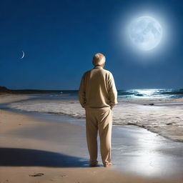 An older man standing on a sandy beach at night, with a full moon shining brightly in the sky above him