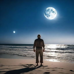 An older man standing on a sandy beach at night, with a full moon shining brightly in the sky above him