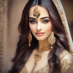 A beautiful girl with long hair and Arabic facial features, depicted in a tasteful and artistic manner