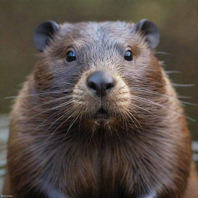 A lifelike portrait of a beaver, with its glistening brown fur, distinct large teeth, and broad flat tail. The beaver's eyes twinkle with intelligence, as it poses amicably for the viewer.