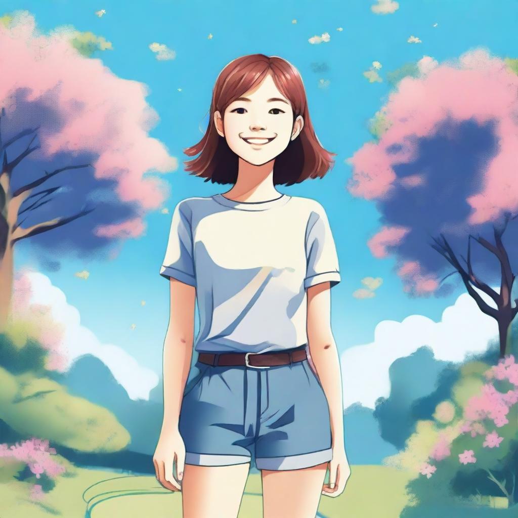 A detailed illustration of a young girl with a bright smile, wearing casual clothes, standing in a park with trees and flowers around her