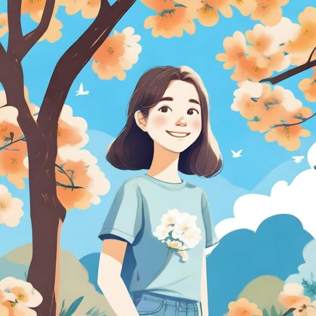 A detailed illustration of a young girl with a bright smile, wearing casual clothes, standing in a park with trees and flowers around her