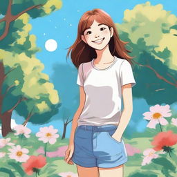 A detailed illustration of a young girl with a bright smile, wearing casual clothes, standing in a park with trees and flowers around her