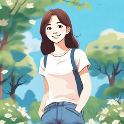 A detailed illustration of a young girl with a bright smile, wearing casual clothes, standing in a park with trees and flowers around her