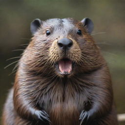 A lifelike portrait of a beaver, with its glistening brown fur, distinct large teeth, and broad flat tail. The beaver's eyes twinkle with intelligence, as it poses amicably for the viewer.