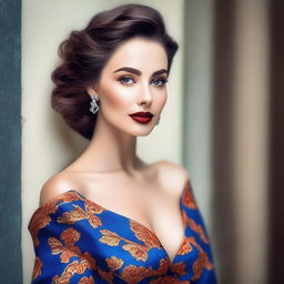 A beautiful woman with striking features, dressed elegantly, posing confidently