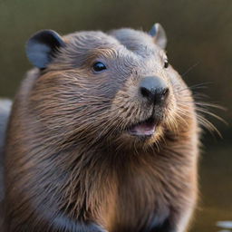 A lifelike portrait of a beaver, with its glistening brown fur, distinct large teeth, and broad flat tail. The beaver's eyes twinkle with intelligence, as it poses amicably for the viewer.