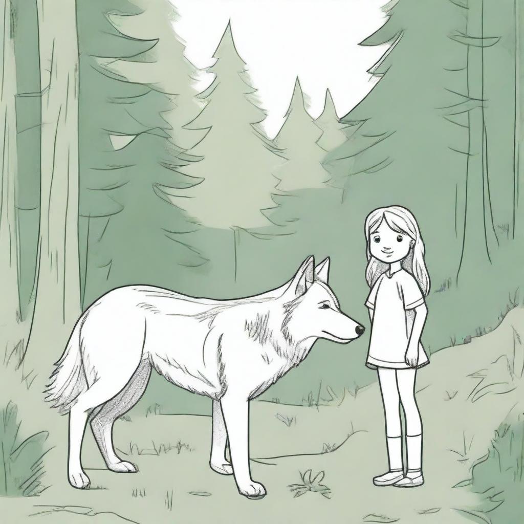 A drawing of a 7-year-old girl with a friendly gray wolf in the middle of a forest