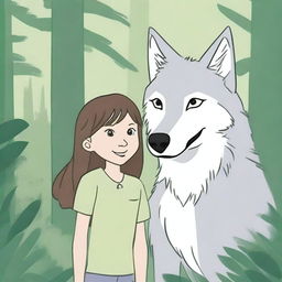 A drawing of a 7-year-old girl with a friendly gray wolf in the middle of a forest