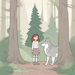 A drawing of a 7-year-old girl with a friendly gray wolf in the middle of a forest