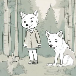 A drawing of a 7-year-old girl with a friendly gray wolf in the middle of a forest