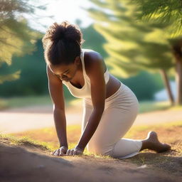 A tasteful and artistic depiction of a person named Breckie Hill bending over in a natural and respectful pose, set in a serene outdoor environment with soft lighting and a calming atmosphere