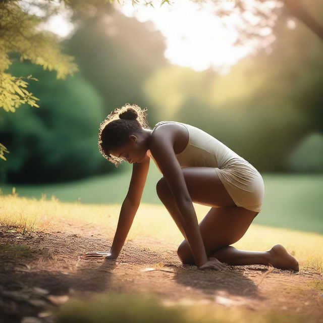 A tasteful and artistic depiction of a person named Breckie Hill bending over in a natural and respectful pose, set in a serene outdoor environment with soft lighting and a calming atmosphere