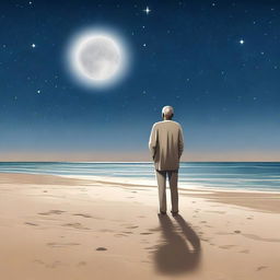 A serene night scene with a full moon shining brightly above an older man standing on a sandy beach