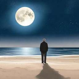 A serene night scene with a full moon shining brightly above an older man standing on a sandy beach