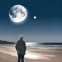 A serene night scene with a full moon shining brightly above an older man standing on a sandy beach