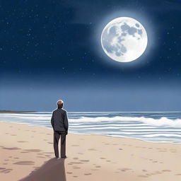 A serene night scene with a full moon shining brightly above an older man standing on a sandy beach