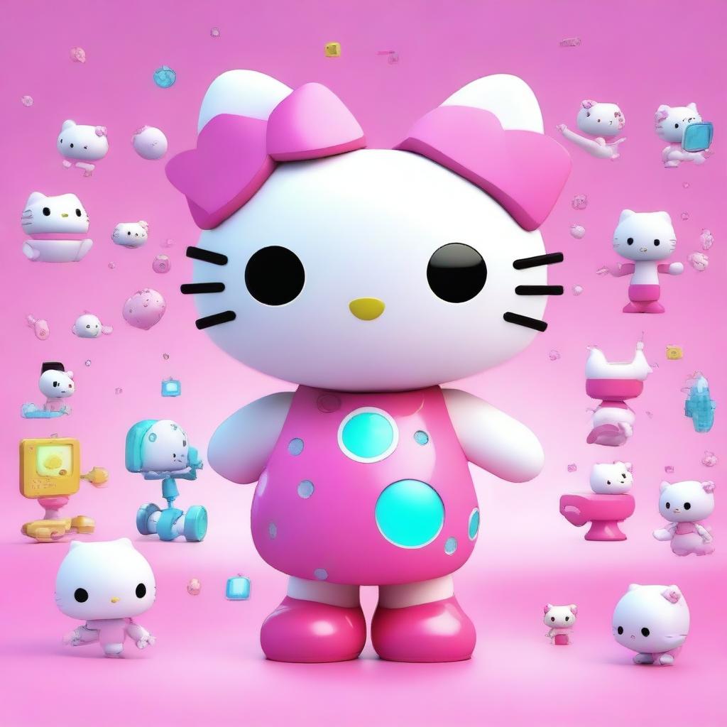 A cute and friendly Hello Kitty character interacting with artificial intelligence elements, such as holographic screens, robotic arms, and futuristic gadgets