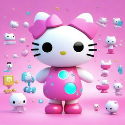 A cute and friendly Hello Kitty character interacting with artificial intelligence elements, such as holographic screens, robotic arms, and futuristic gadgets