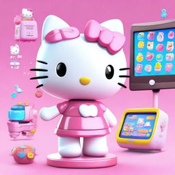 A cute and friendly Hello Kitty character interacting with artificial intelligence elements, such as holographic screens, robotic arms, and futuristic gadgets