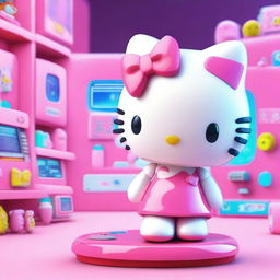 A cute and friendly Hello Kitty character interacting with artificial intelligence elements, such as holographic screens, robotic arms, and futuristic gadgets