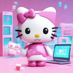 A cute and friendly Hello Kitty character interacting with artificial intelligence elements, such as holographic screens, robotic arms, and futuristic gadgets