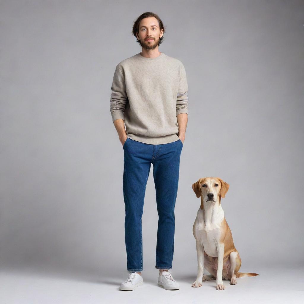 A human figure with a dog's head, wearing casual clothing, standing in a relaxed pose