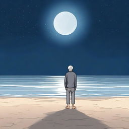 An older man standing on a sandy beach at night, looking up at a sliver of the moon in the sky