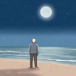 An older man standing on a sandy beach at night, looking up at a sliver of the moon in the sky