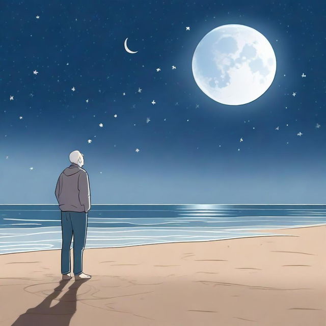 An older man standing on a sandy beach at night, looking up at a sliver of the moon in the sky