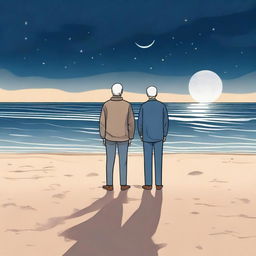 An older man standing on a sandy beach at night, looking up at a sliver of the moon in the sky