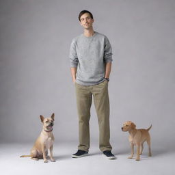 A human figure with a dog's head, wearing casual clothing, standing in a relaxed pose