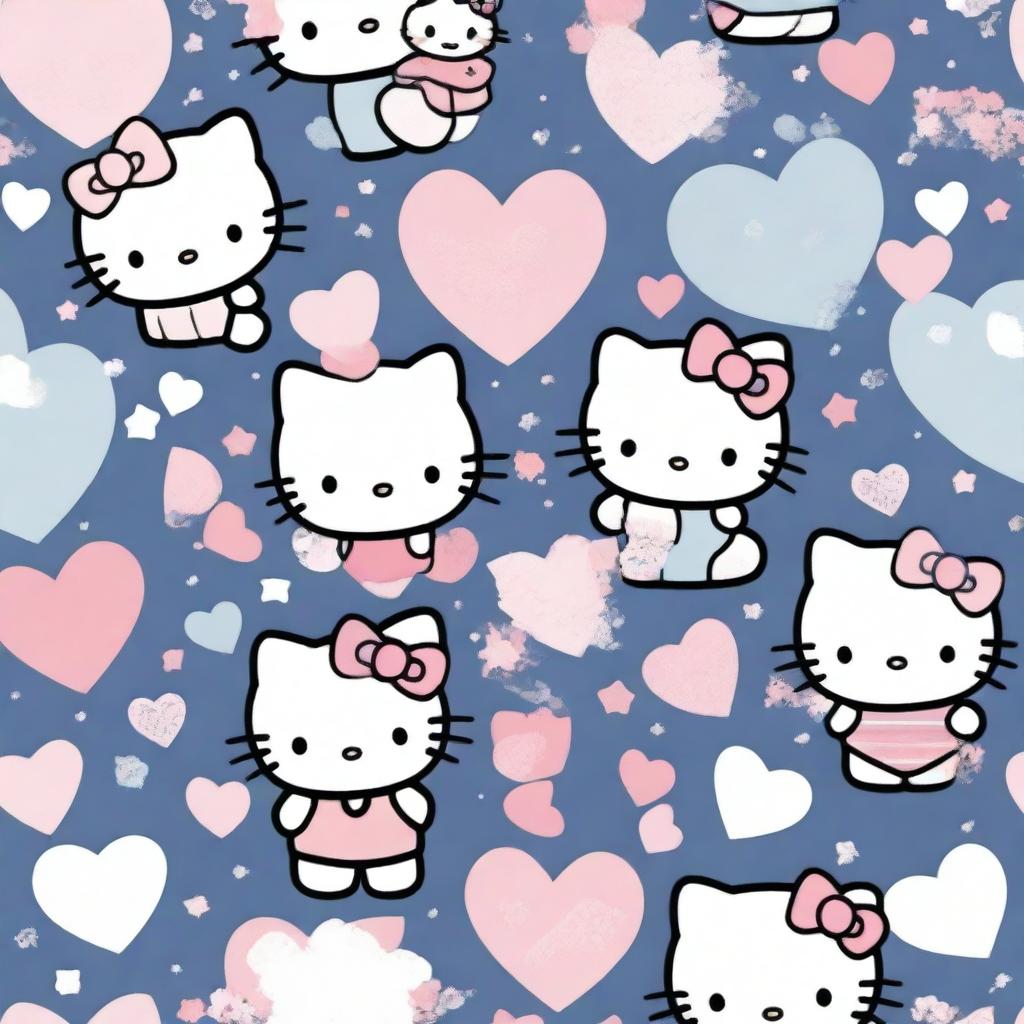 A cute and adorable Hello Kitty background with pastel colors, featuring Hello Kitty in various playful poses