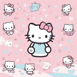 A cute and adorable Hello Kitty background with pastel colors, featuring Hello Kitty in various playful poses