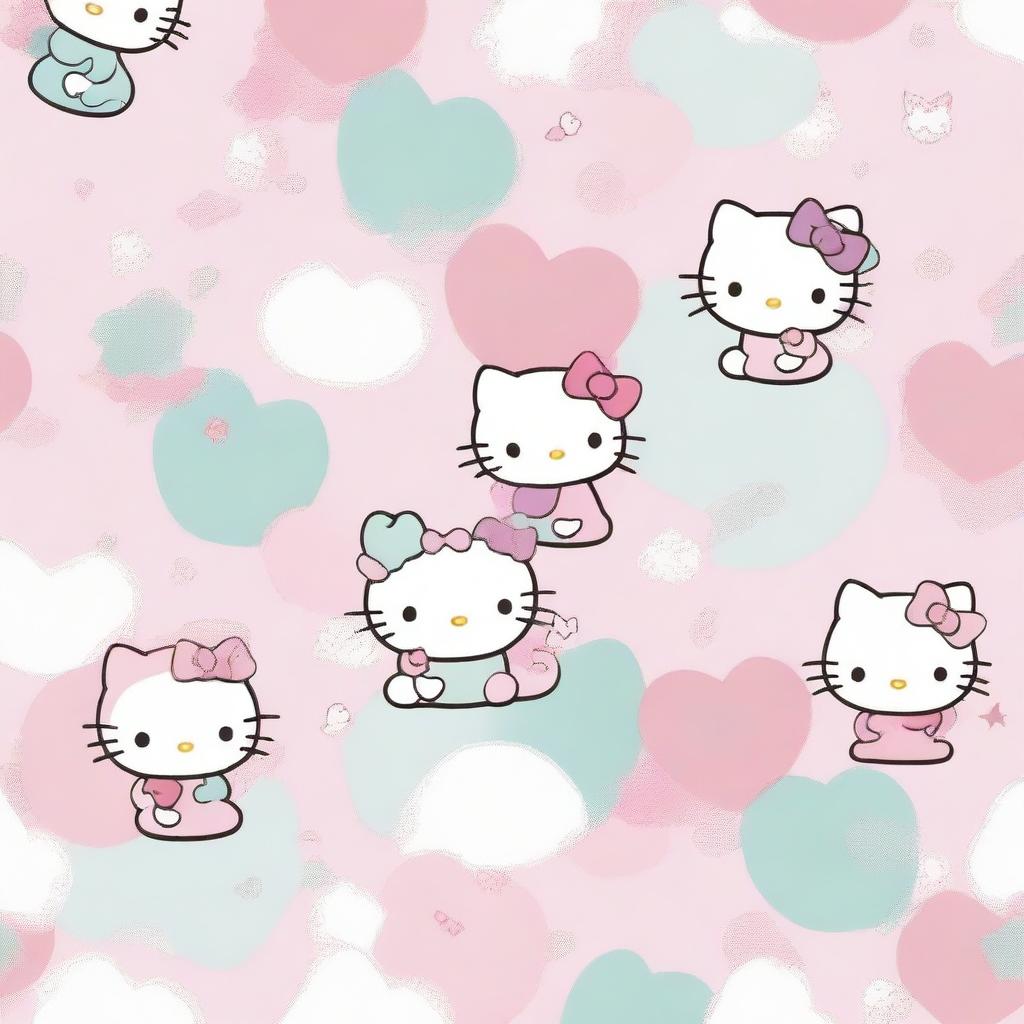 A cute and adorable Hello Kitty background with pastel colors, featuring Hello Kitty in various playful poses