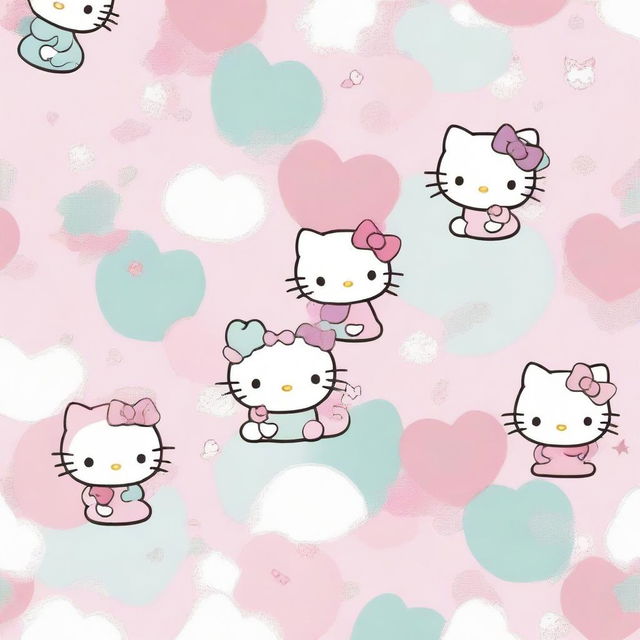 A cute and adorable Hello Kitty background with pastel colors, featuring Hello Kitty in various playful poses