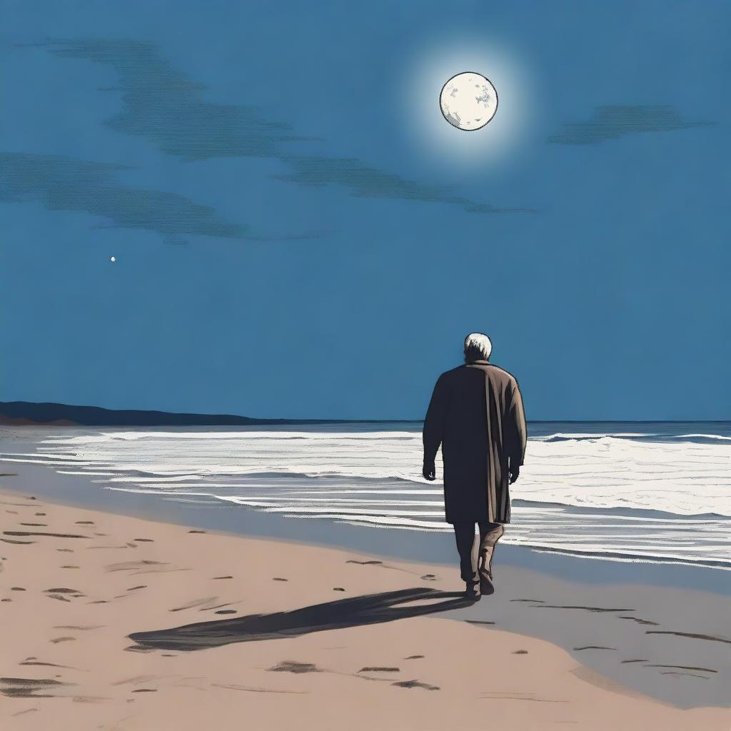 An older man is walking along a sandy beach at night