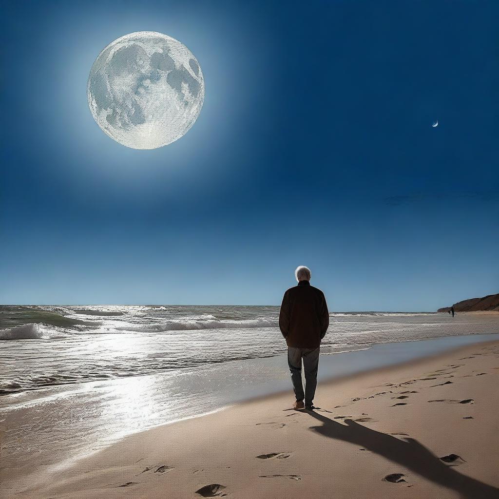 An older man is walking along a sandy beach at night