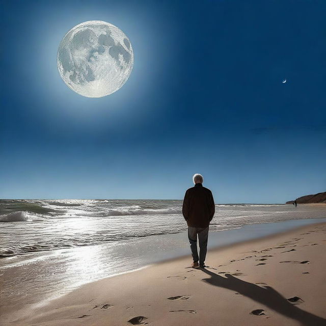 An older man is walking along a sandy beach at night