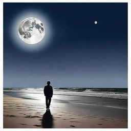 An older man is walking along a sandy beach at night