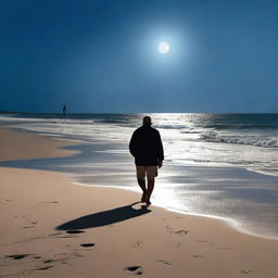 An older man is walking along a sandy beach at night