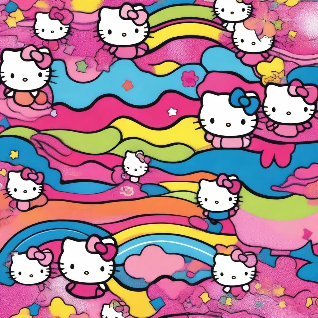 A vibrant and colorful image featuring Hello Kitty in various shades and hues