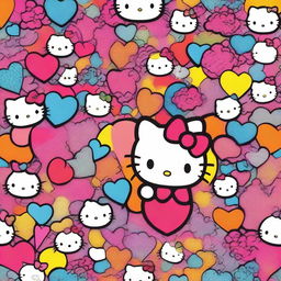 A vibrant and colorful image featuring Hello Kitty in various shades and hues