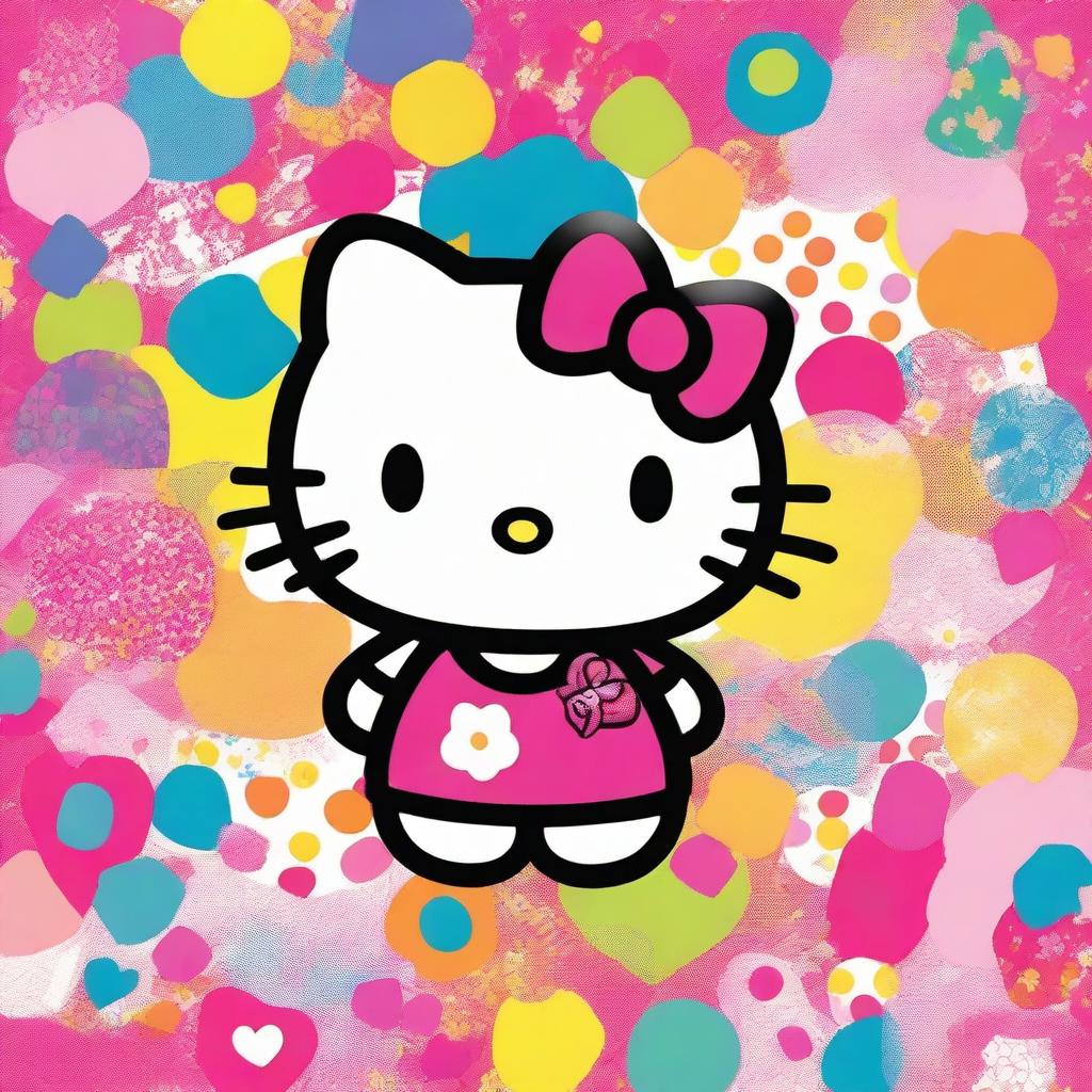 A vibrant and colorful image featuring Hello Kitty in various shades and hues