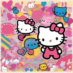 A vibrant and colorful image featuring Hello Kitty in various shades and hues