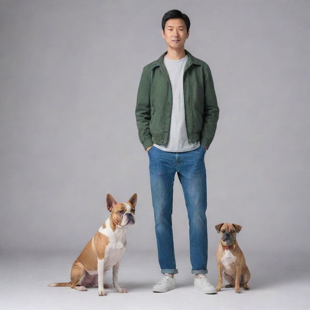 A human figure with a dog's head, wearing casual clothing, standing in a relaxed pose