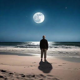 An elderly man is standing alone on a sandy beach at night