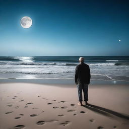 An elderly man is standing alone on a sandy beach at night