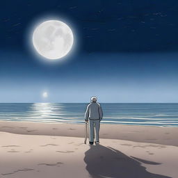 An elderly man is standing alone on a sandy beach at night