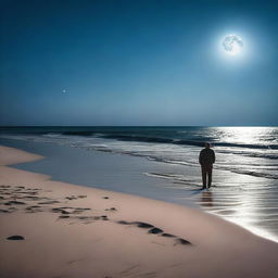 An elderly man is standing alone on a sandy beach at night